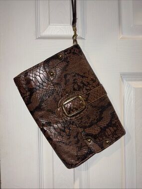 Brown Snake-Embossed Leather Wristlet Clutch